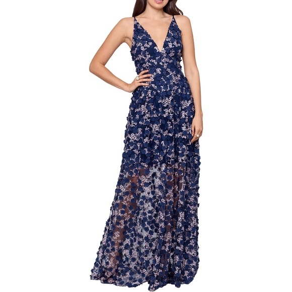 Xscape -  Navy Gown with 3D Floral Appliqué & Pink Embroidery - Picture 1 of 16